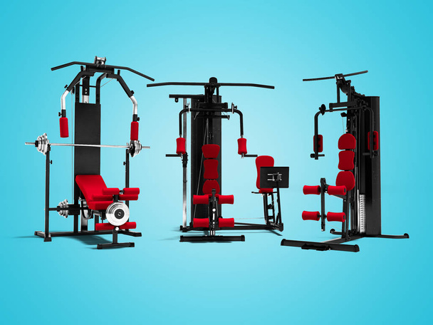 Modernes Set Power-Sport-Trainingsgerät aus Metall mit rotem Stand-up 3D-Rendering auf blauem Hintergrund mit Schatten - Foto, Bild