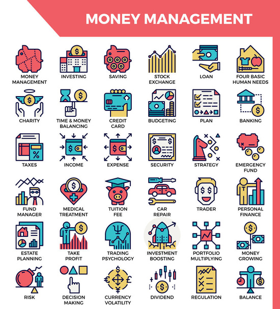 Concepto de gestión de dinero iconos de línea detallados establecidos en estilo de icono de línea moderna para ui, ux, web, diseño de aplicaciones
 - Vector, Imagen