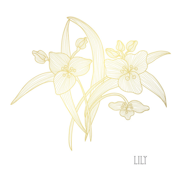 Decorative lily  flowers, design elements. Can be used for cards, invitations, banners, posters, print design. Golden flowers - Vettoriali, immagini
