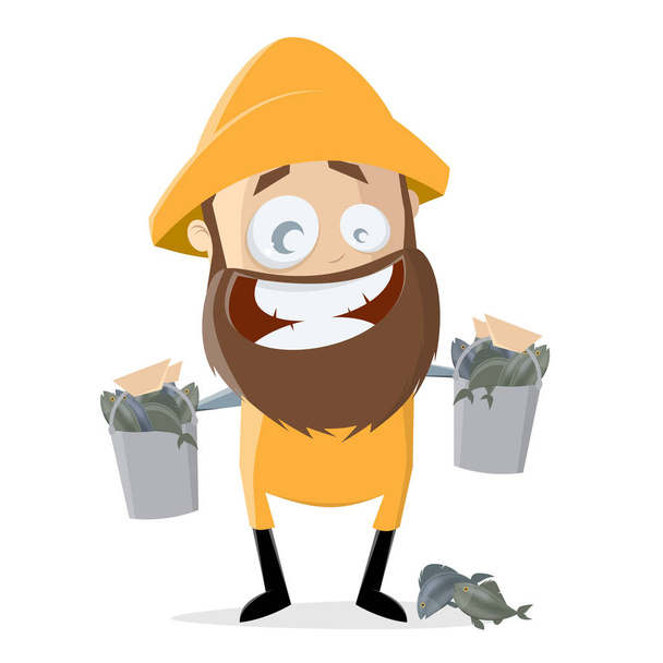 funny fisherman with fishes in buckets - Vector, Image