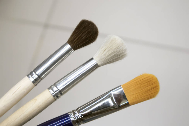 Three watercolor paint brushes of soft fur and various shapes and colors on light background - Photo, Image