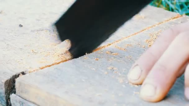 Mann sägt Holzbrett mit Handsäge - Filmmaterial, Video
