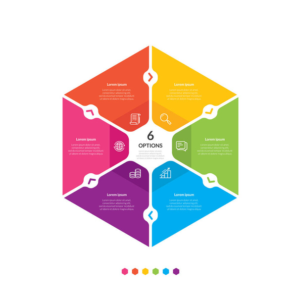 Sechskantdiagramm-Infografik-Vorlage mit 6 Optionen für Präsentationen, Werbung, Layouts, Jahresbericht - Vektorillustration - Vektor, Bild