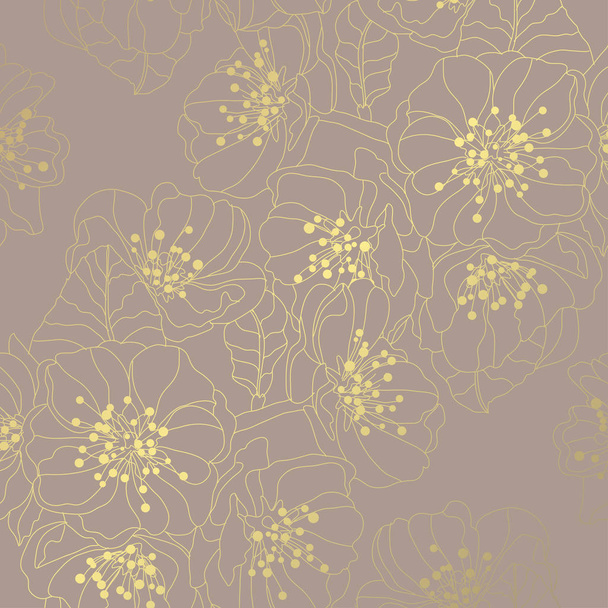 Elegant golden pattern with hand drawn decorative sakura, design elements. Floral pattern for invitations, greeting cards, scrapbooking, print, gift wrap, manufacturing - Vektor, Bild