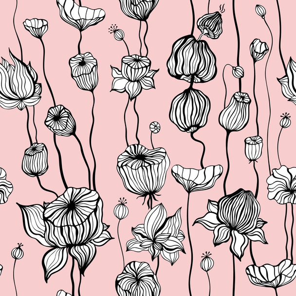 Vintage Seamless pattern with hand drawn Abstract Flowers - Vector, Image