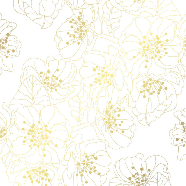 Elegant golden pattern with hand drawn decorative sakura, design elements. Floral pattern for invitations, greeting cards, scrapbooking, print, gift wrap, manufacturing - ベクター画像