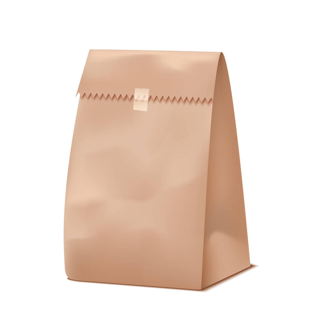 Realistic closed paper bag, vector package design, isolated on white - Vector, Image