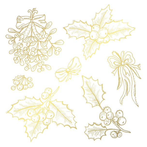Hand drawn golden christmas holly and mistletoe set, design elements. Can be used for cards, invitations, gift wrap, print, scrapbooking. Christmas and New Year background - Vettoriali, immagini
