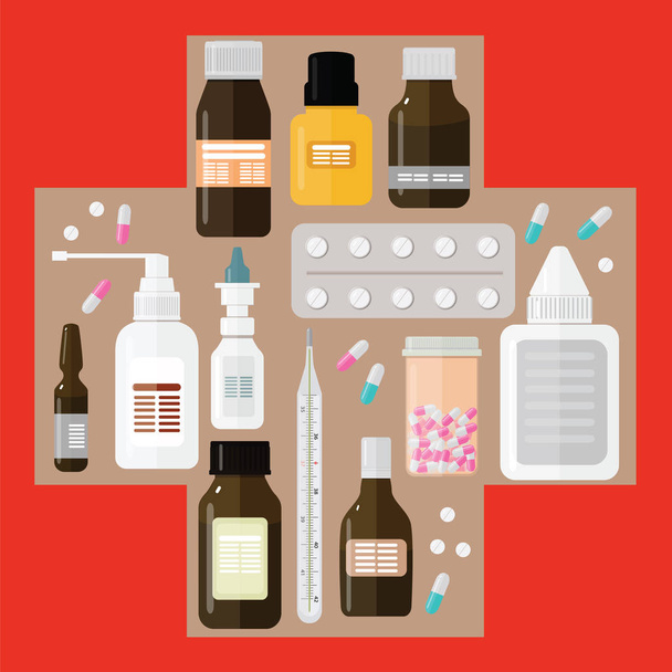 Different drugs in the medical cross on a red background - Vector, imagen