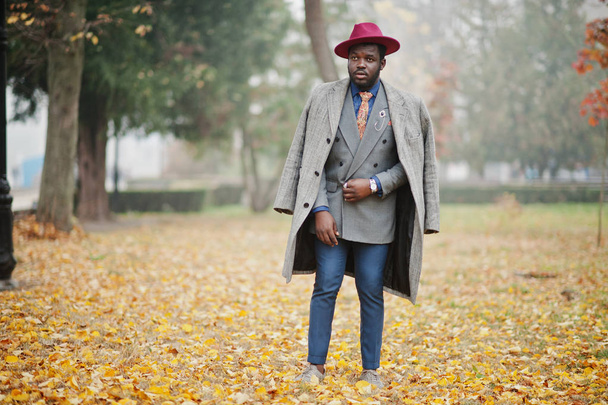 Stylish African American man model in gray coat, jacket tie and red hat posed at foggy weather street at autumn. - Fotó, kép