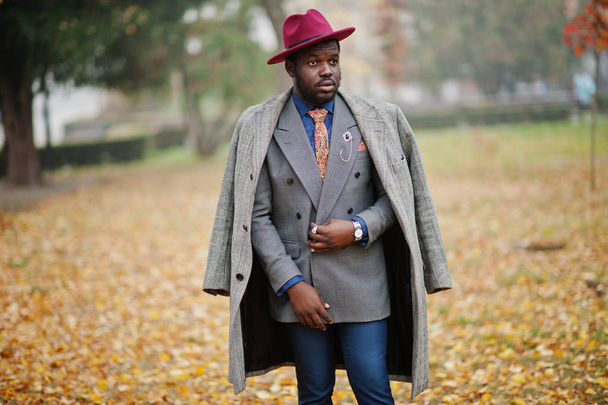 Stylish African American man model in gray coat, jacket tie and red hat posed at foggy weather street at autumn. - Φωτογραφία, εικόνα