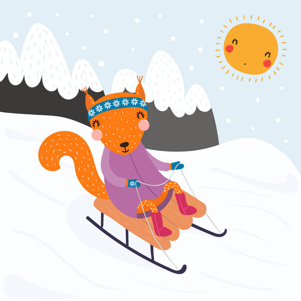 Illustrazione vettoriale disegnata a mano di uno scoiattolo divertente carino slittino all'aperto in inverno con sfondo paesaggio di montagna. Design piatto in stile scandinavo. Concetto per bambini print
. - Vettoriali, immagini