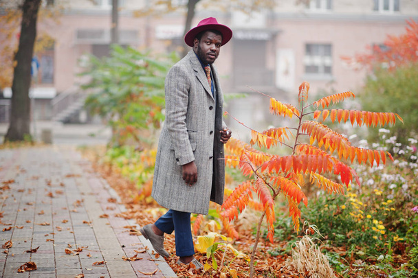 Stylish African American man model in gray coat, jacket tie and red hat against yellow leaves autumn mood. - Foto, immagini