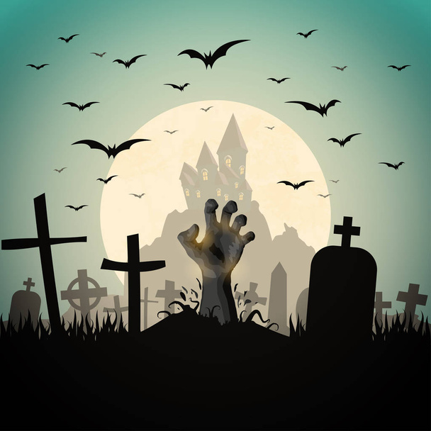 zombie hand in de voorkant van een kasteel en een volle maan met grafstenen en andere eng geïllustreerde elementen voor Halloween achtergrond lay-outs - Vector, afbeelding