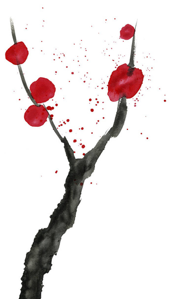 Rama abstracta de un árbol en flor. Flores estilizadas rosas y rojas de ciruela mei, albaricoques silvestres y sakura. Acuarela e ilustración de tinta en estilo sumi-e, u-sin
. - Foto, Imagen