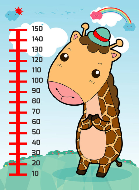 Meter wall with giraffe. Cheerful funny giraffe height. wall height meter with cute smiling african animal.vector illustration. - Vector, Image