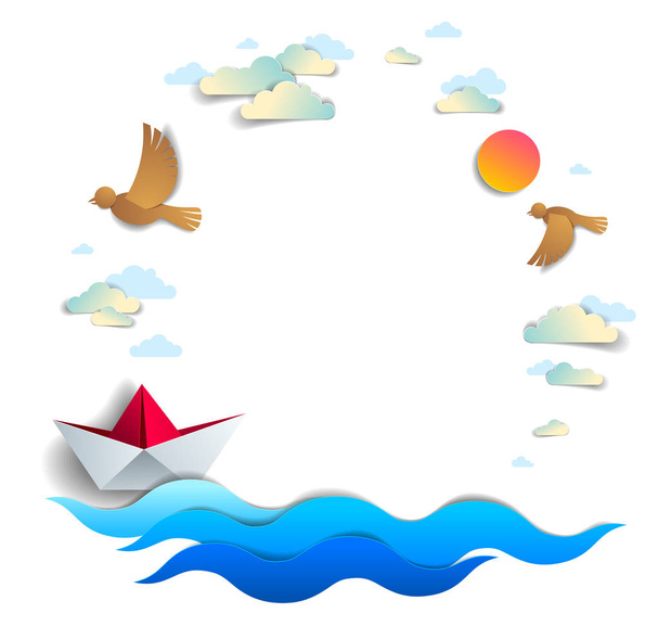 Beach and palms, ocean waves and origami paper ship toy swimming, frame or border with copy space, beautiful vector card of scenic seascape with toy boat floating in sea and birds in sky. - Vektori, kuva