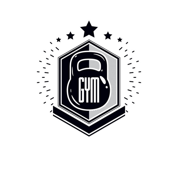 Sportovní logo pro vzpírání tělocvičnu a fitness club, retro stylizované vektor znak nebo odznak. Váha sportovní na štít - Vektor, obrázek