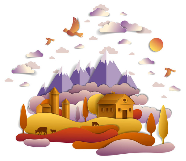 Farm in scenic autumn landscape of fields and trees, mountains peaks and country buildings, birds and clouds in sky, cow milk ranch, countryside fall time vector illustration in paper cut style. - Вектор,изображение