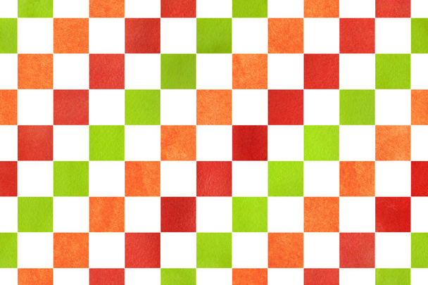 Watercolor red, green and orange square pattern. Geometrical traditional ornament for fashion textile, cloth, backgrounds. - Photo, Image