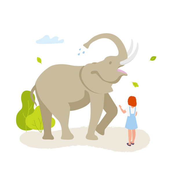 niedliches kleines Mädchen, das den großen Elefanten in der flachen Illustration des Kontaktzoos betrachtet. Afrikanischer Elefant isoliert auf weißem Hintergrund. - Vektor, Bild