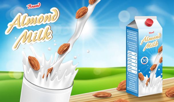 Badem süt cam bokeh arka plan ile ahşap masa üzerinde sıçrama ile. Süt ürünleri tasarım paketi. Badem tohum vektör resim reklamlar - Vektör, Görsel