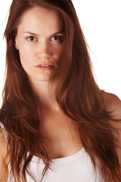 Beautiful and tall young adult caucasian woman with long brown hair - Фото, изображение
