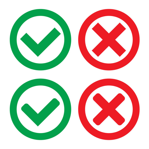 Green Check Mark and Red Cross in two variants (square and rounded corners) - Isolated Vector Illustration - Vector, Image