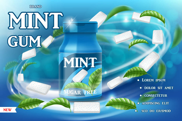 現実的なミント ガム ポスター広告。青の背景に緑の葉の渦巻とガムの包装。製品パッケージのテンプレート デザイン。ベクトル 3 d イラスト - ベクター画像