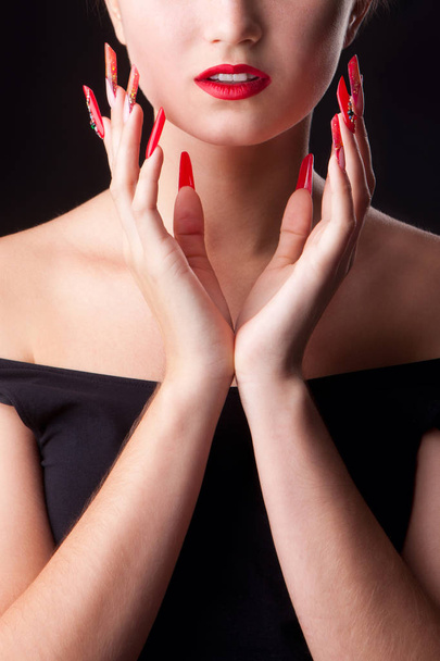 Trendy manicure and red lips. Beauty fashion makeup and manicure. - Valokuva, kuva