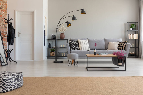 Pouf on carpet in spacious flat interior with lamp next to grey sofa and wooden table. Real photo - Foto, immagini