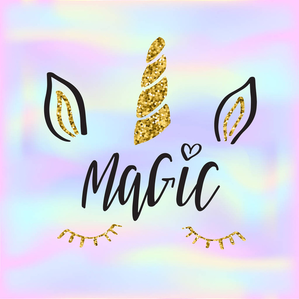 Lettering text Magic and unicorn face on vector background with fish scale and shining sparcles on soft pastel magic color palette gradient - Vector, afbeelding