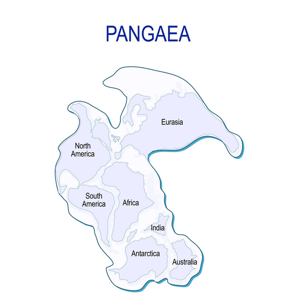 Χάρτης της Πανγαία με σύγχρονη ηπειρωτικά της σύνορα. Ο χορός των ηπείρων του πλανήτη γη. εκατομμύρια χρόνια πριν. Vector εικονογράφηση για εκπαιδευτικές και επιστήμη χρησιμοποιούν - Διάνυσμα, εικόνα