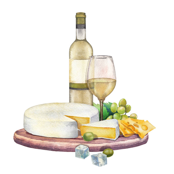 Watercolor bottle and glass of wine with camembert cheese and grapes - Photo, Image