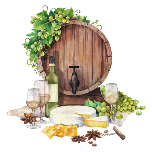Watercolor barrel with wine glasses and bottle, cheese and grapes - Photo, Image