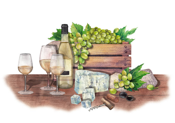 水彩のワイングラスとボトル、ブドウ、チーズ、コルク、コルクせん抜きのボックス - 写真・画像