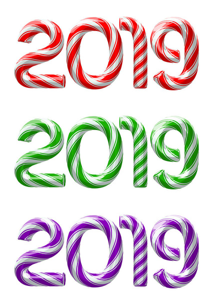 Různé barvy Candy cane čísla 2019 novoročních svátků na bílém pozadí. Izolované vektorové ilustrace - Vektor, obrázek