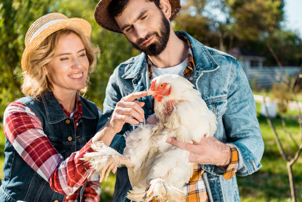 sonriente pareja de agricultores en sombreros de paja con pollo en la granja
  - Foto, imagen