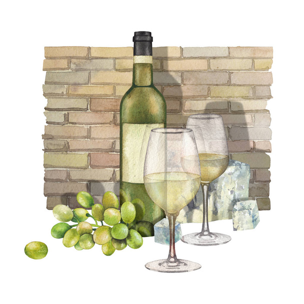 Deux verres aquarelle de vin blanc, bouteille, raisins blancs et fromage
 - Photo, image