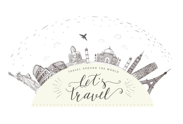 World travel and sights. Tourism banner with hand lettering quote. - Вектор,изображение