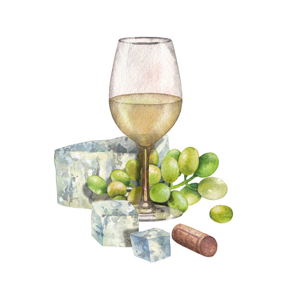 Watercolor glass of white wine decorated with cheese, grapes and cork - Photo, Image