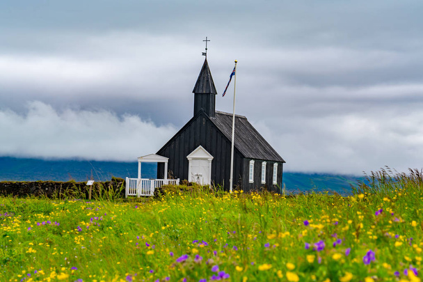 View of Buoakirja Black Church in summer at the western region of Iceland - Fotoğraf, Görsel