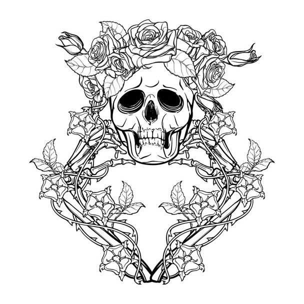 Halloween Santa Muerte. Ludzka czaszka Róża kości wieniec i ręka w girlandy pies rose. Mistyczny charakter. Wzór tatuażu. Na białym tle. - Wektor, obraz
