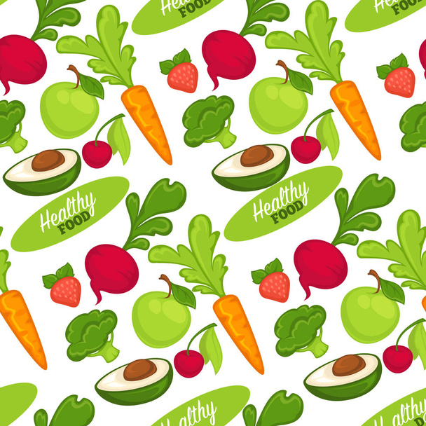 Bio und gesundes Obst und Gemüse nahtlose Muster isoliert auf weißem Hintergrund. - Vektor, Bild