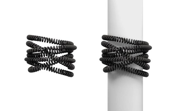 3d rendering of two sets of black messy phone cables wound around a post and around empty space. - Photo, image