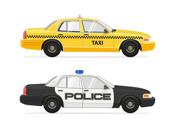 Taxi Yellow Cab NYC Car. Police Sheriff Security Car. Isolated on white background cars set. Vector illustration. - Vector, Image