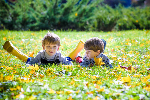 Twee jongens lag in de gevallen herfst gebladerte op groen gras. Warme zonnige herfstdag. Sluit gezicht met gele bladeren. Vriendschap concept. - Foto, afbeelding