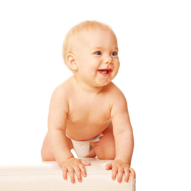 Happy baby is ready to jump. Isolated on white - Φωτογραφία, εικόνα