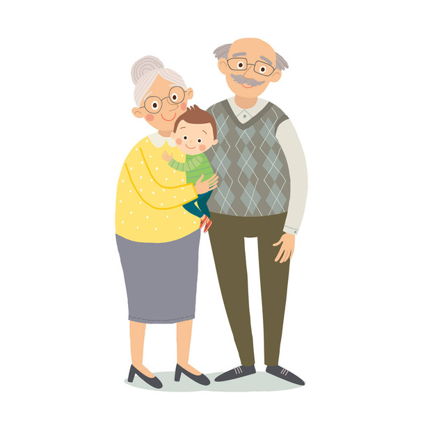 Бабушка и дедушка с внуком. Бабушка, дедушка и внучек. Мультфильм вектор руки нарисованы eps 10 детей иллюстрации изолированы на белом фоне в плоском стиле
. - Вектор,изображение