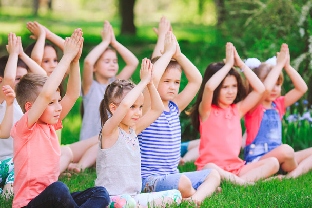 Μια μεγάλη ομάδα παιδιών που ασχολούνται με τη γιόγκα στο πάρκο κάθονται στο γρασίδι. - Φωτογραφία, εικόνα